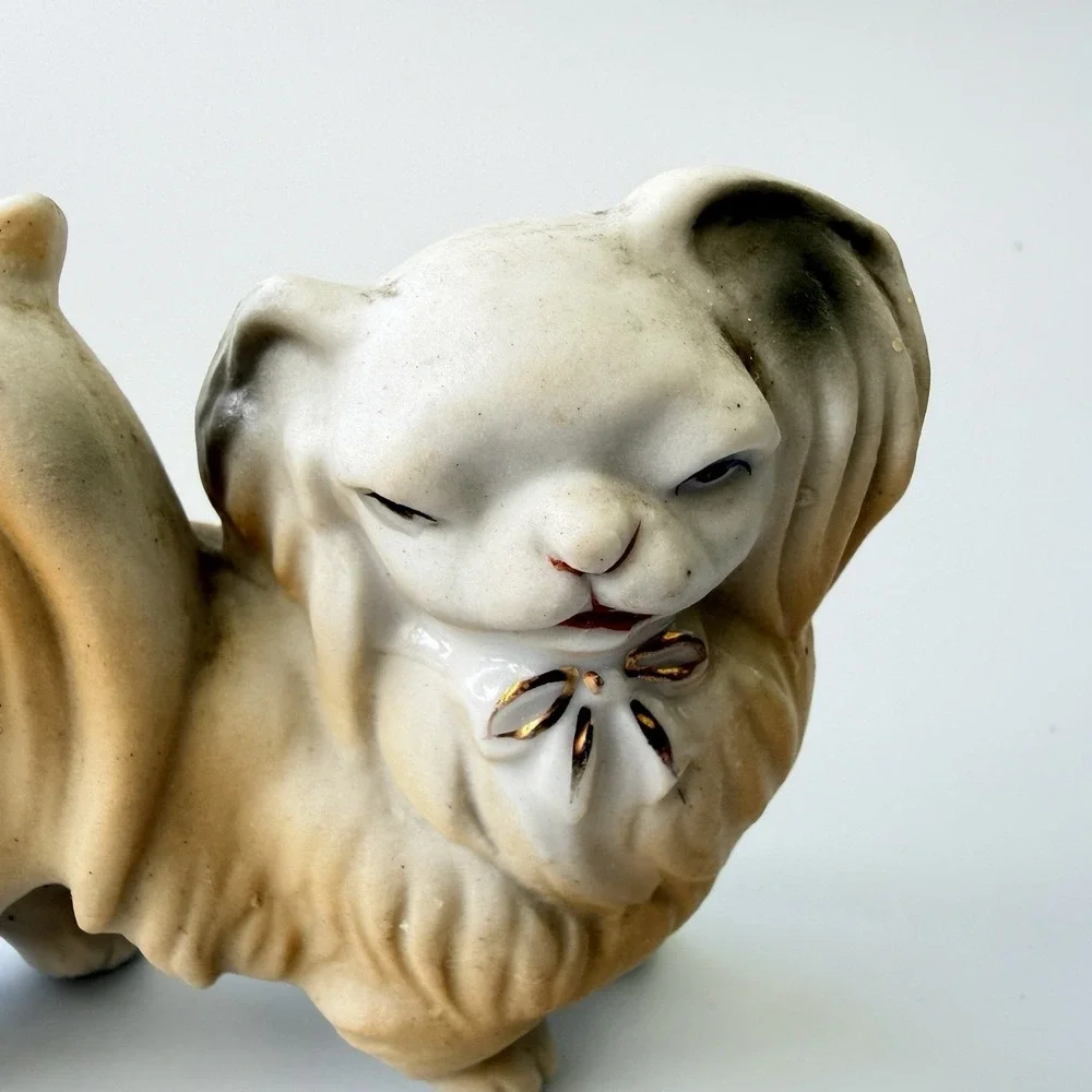 Vintage Orion Japan Ceramic Pekingese Dog Figurine Gold Bow Long Hair Puppy 3.5
